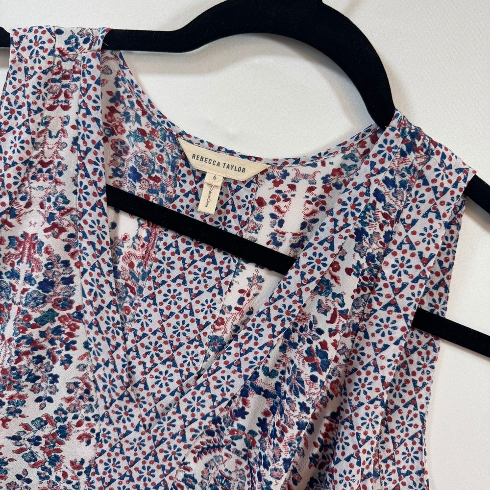 Rebecca Taylor Women 100 Silk Sleeveless VNeck Floral Blouse Red Blue 6